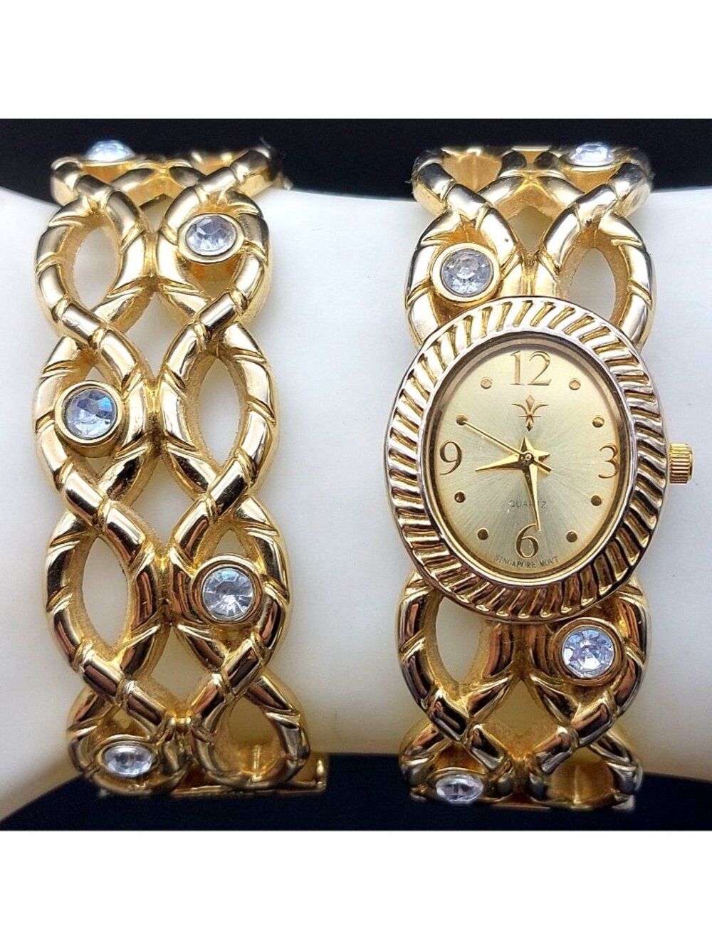 Vintage Geneva Gold Tone Rhinestone Cuff Watch and Bracelet Set Works